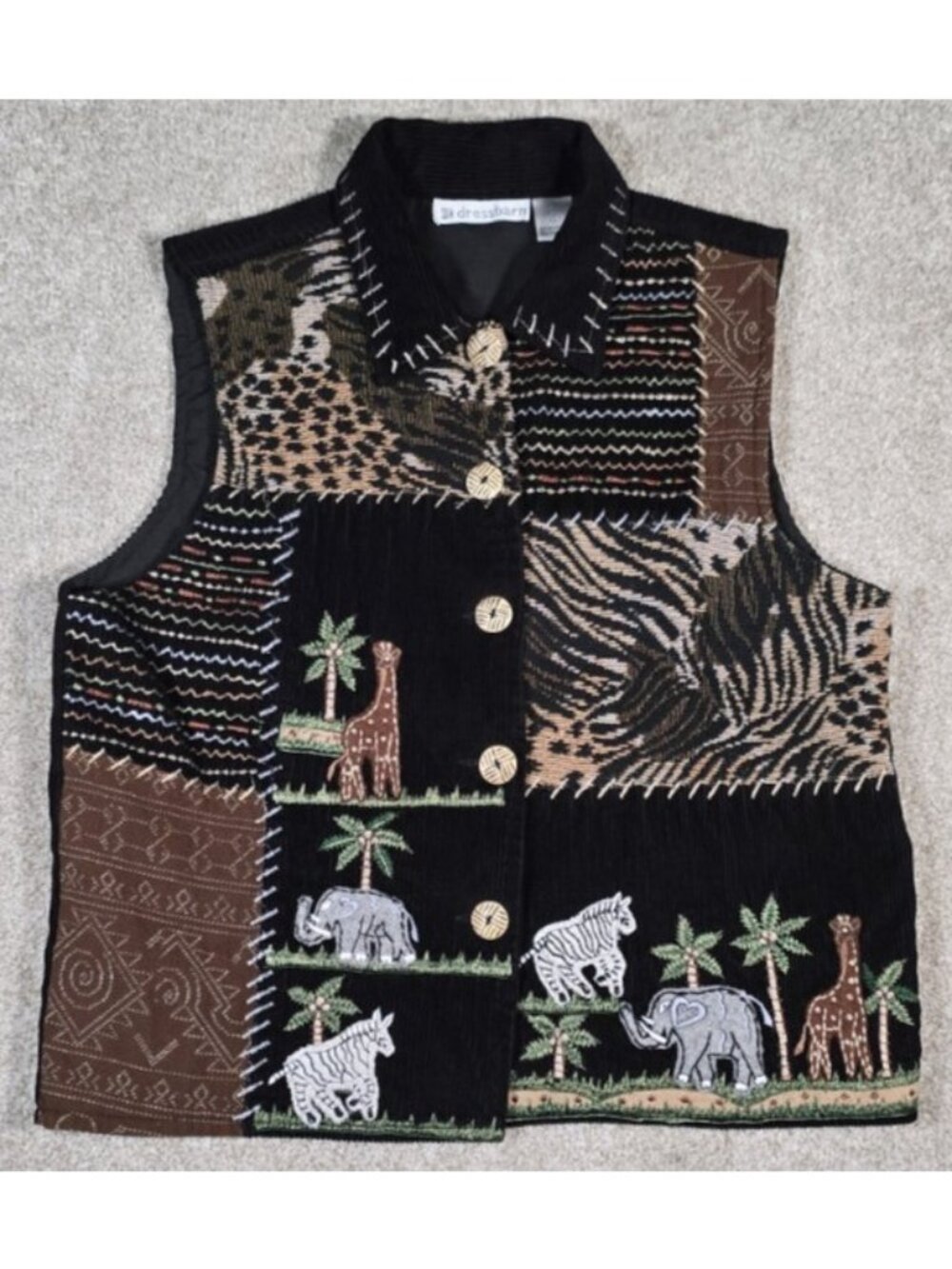 Dressbarn Corduroy Patchwork Safari Animals Lined Cardigan Sweater Vest Women L